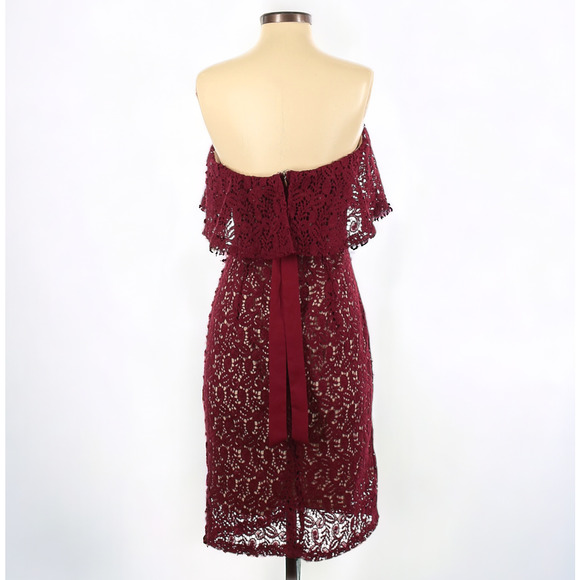 Moon River Strapless Ruffle Lace Dress in Burgundy Wine / Nude - Picture 2 of 8